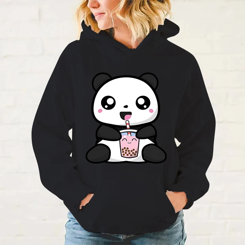 New Fashion Unisex Kawaii Cute Panda Boba Tea Printed Hoodies Men Women Casual Long Sleeve Hoodie Pullovers Teens Outdoor Tops