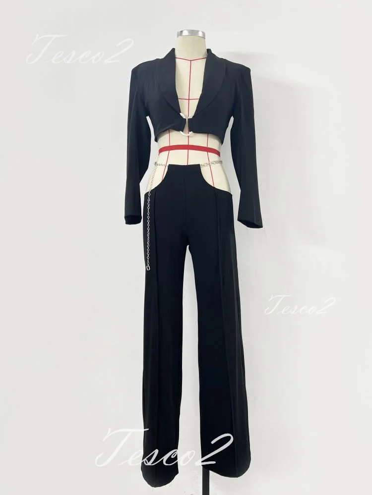 

Tesco Chic Women's Pant Sets Short Blazer Suit+Chain Wide Leg Pants Women Sexy Suit For Club Party Female Outfits 2 Piece