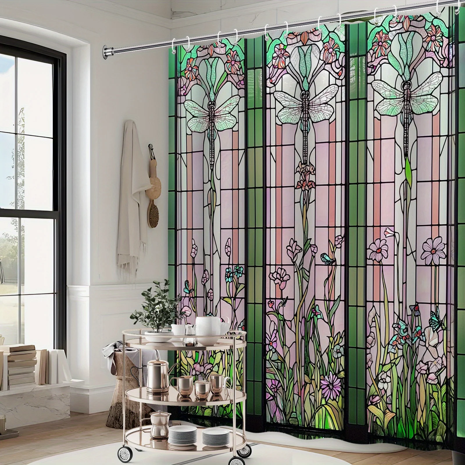 Stained Glass Dragonfly Shower Curtain Art Deco Design Floral Pattern Waterproof Fabric Elegant Bathroom Decor