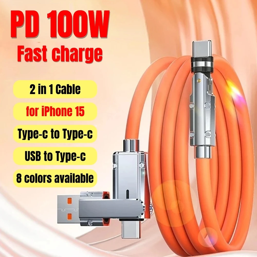 2 In 1 PD 100W USB Type C to USB C Cable for iPhone 15 Pro Max 540 Degree Rotating Fast Charging Charger Cable for Samsung 1M