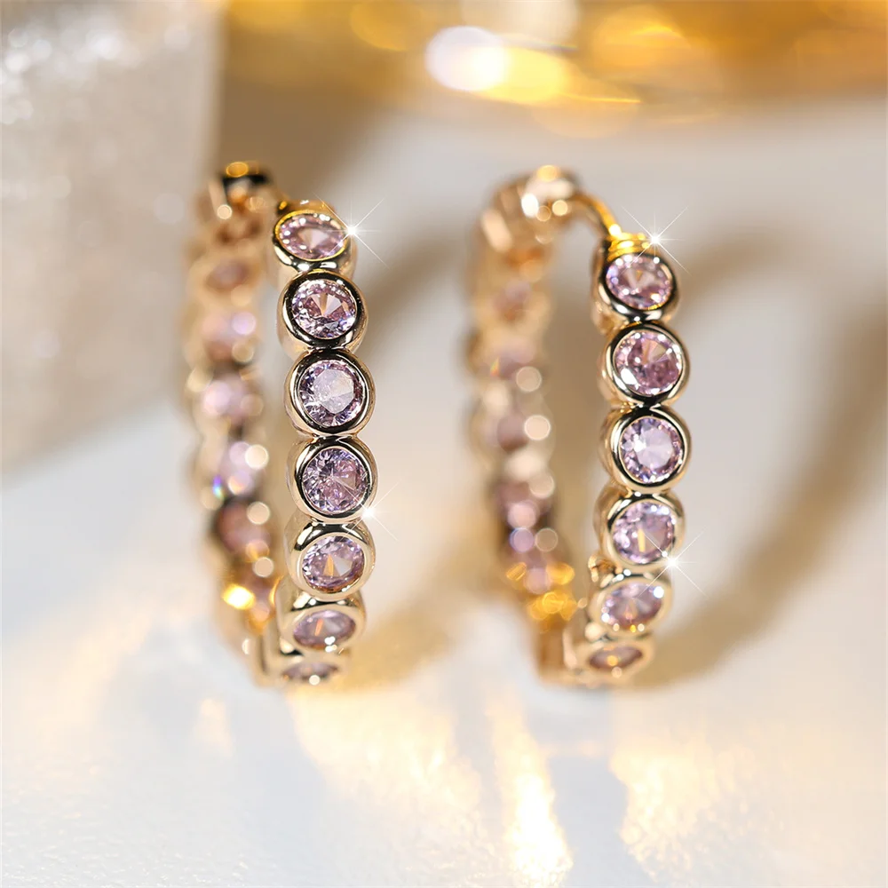 Elegant Pink Crystal Zircon Hoop Earring Single Row Small Round Stone Earrings For Women Vintage Gold Color Wedding Jewelry Gift