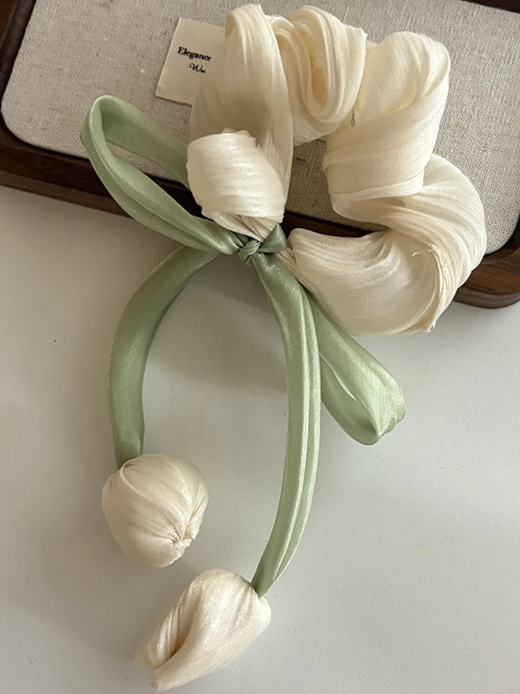 Moda słodka wstążka z tulipanem gumka do włosów dla kobiet dziewczynki śliczne eleganckie Bowknot spinka do włosów wykwintne frędzle akcesoria do włosów prezenty — zdjęcie 2