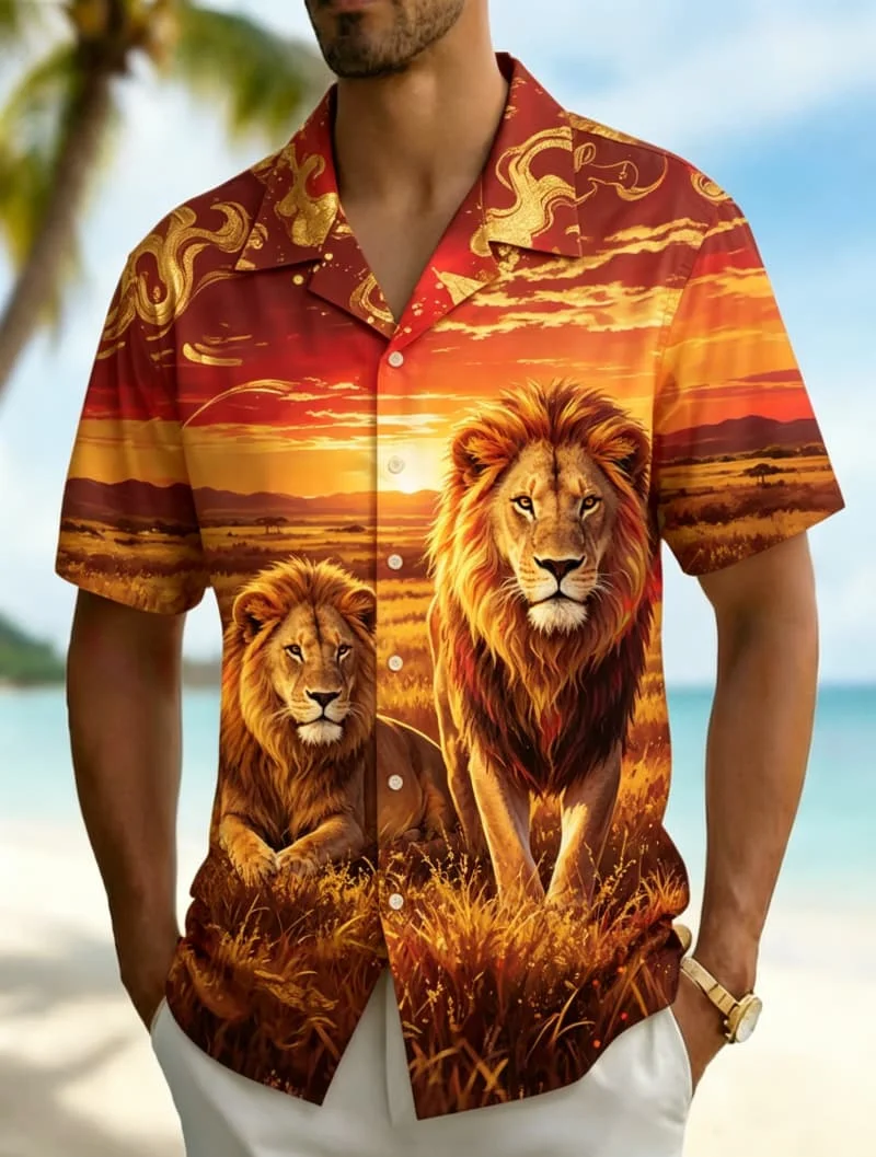 Men's animal/divine animal themed printed Hawaiian shirt, suitable for summer vacations, beach parties, and daily wea