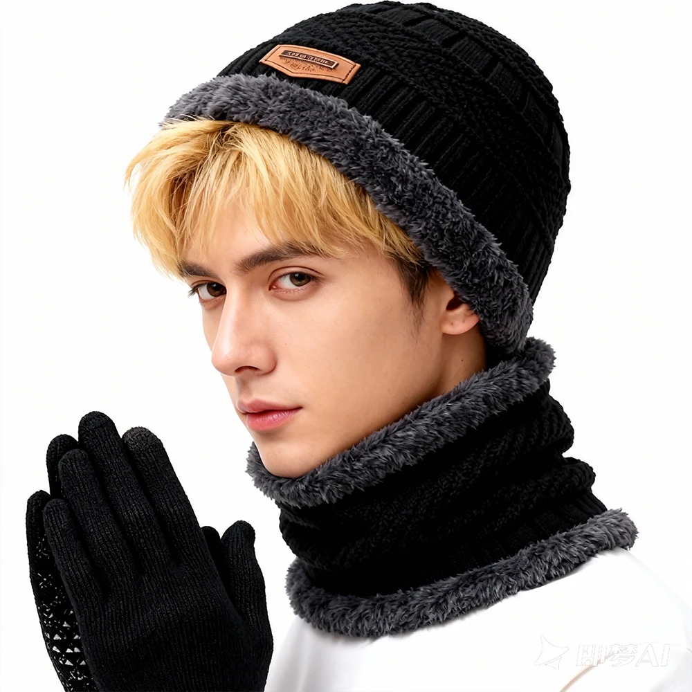 3 peças à prova de vento chapéu cachecol e luva conjunto masculino inverno quente e à prova de frio proteção de ouvido capuz ao ar livre ciclismo chapéus chapéu de malha