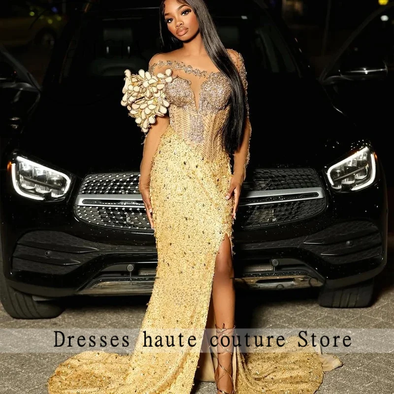 Luxuriöse Blumen-Abschlussballkleider 2026, Kristall-Meerjungfrau, lange Ärmel, Hochzeits-Party-Kleider für schwarze Mädchen, individuell gestaltete Vestidos de Festa