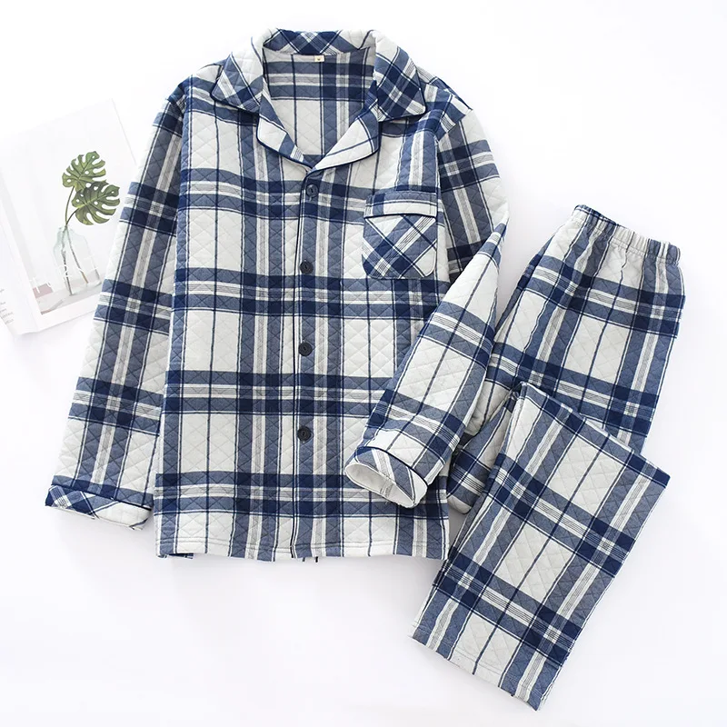 

Fashion Plaid Autumn Winter 100% Cotton Women's Pajamas Set Lapel Shirt Trousers Suit Couple's Nightwear Pijama Home Clothing