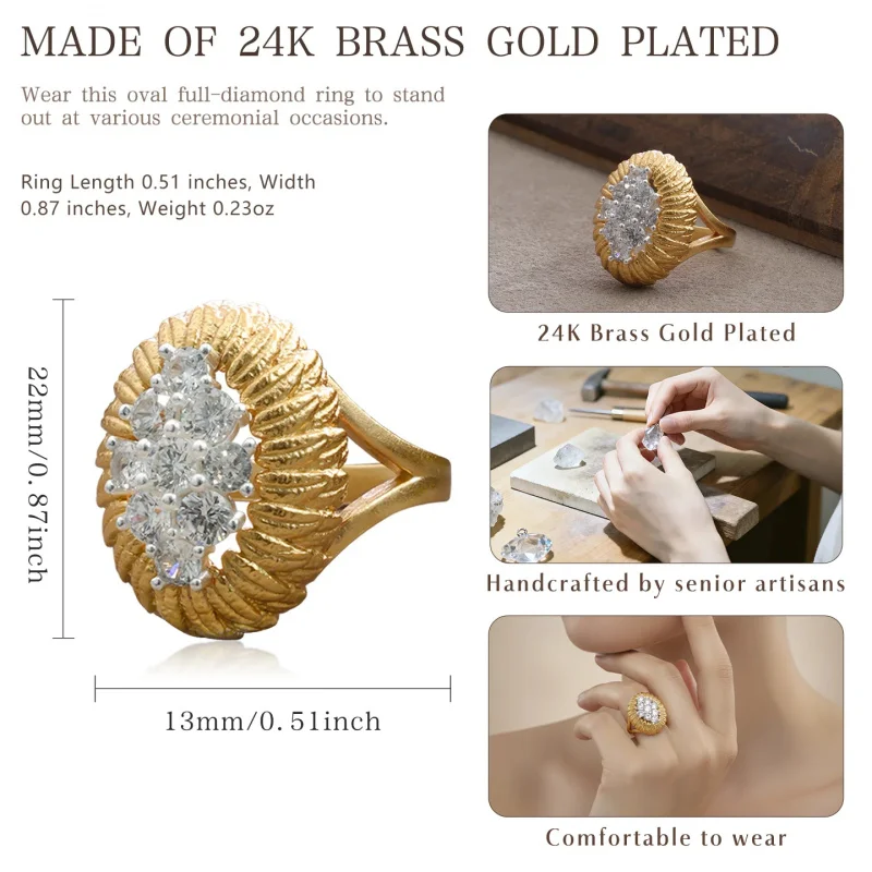 Litheline 24K Gold Plated Brass Rope-Textured Oval Ring, Marquise CZ Cluster Lead-free Nickel-Sensitive Piercings Friendly view 4