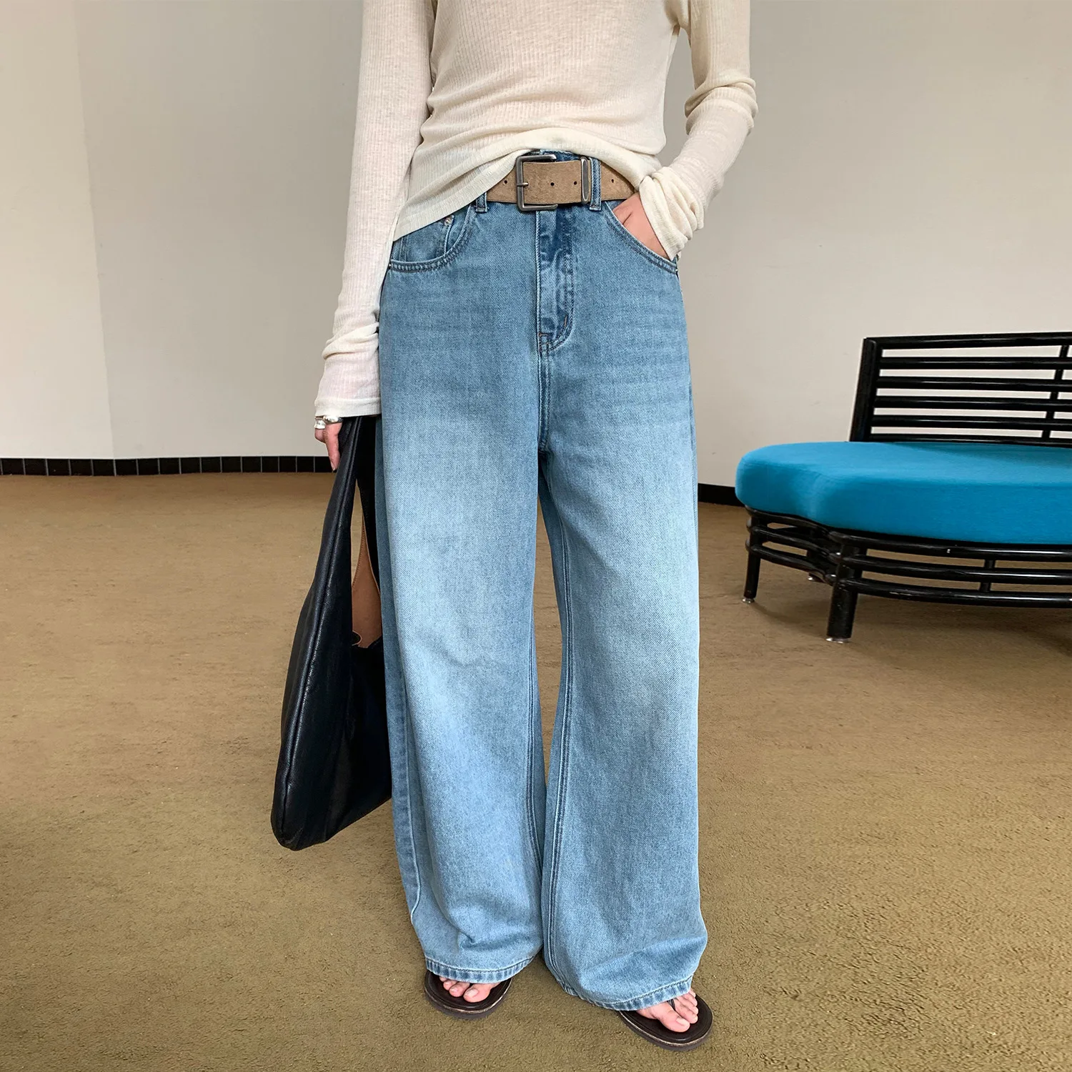 

Denim Jeans Women Solid Pants Pocket Zipper Fly Loose Fit High Waist Full Length Barrel Pants Slight Stretch Casual 2025 Autumn