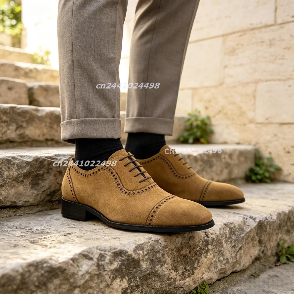 Men's Camel Black Suede Leather Brogue Dress Shoes Lace Up Cap Toe Block Low Heel Formal Dress Oxfords Business Party Footwear