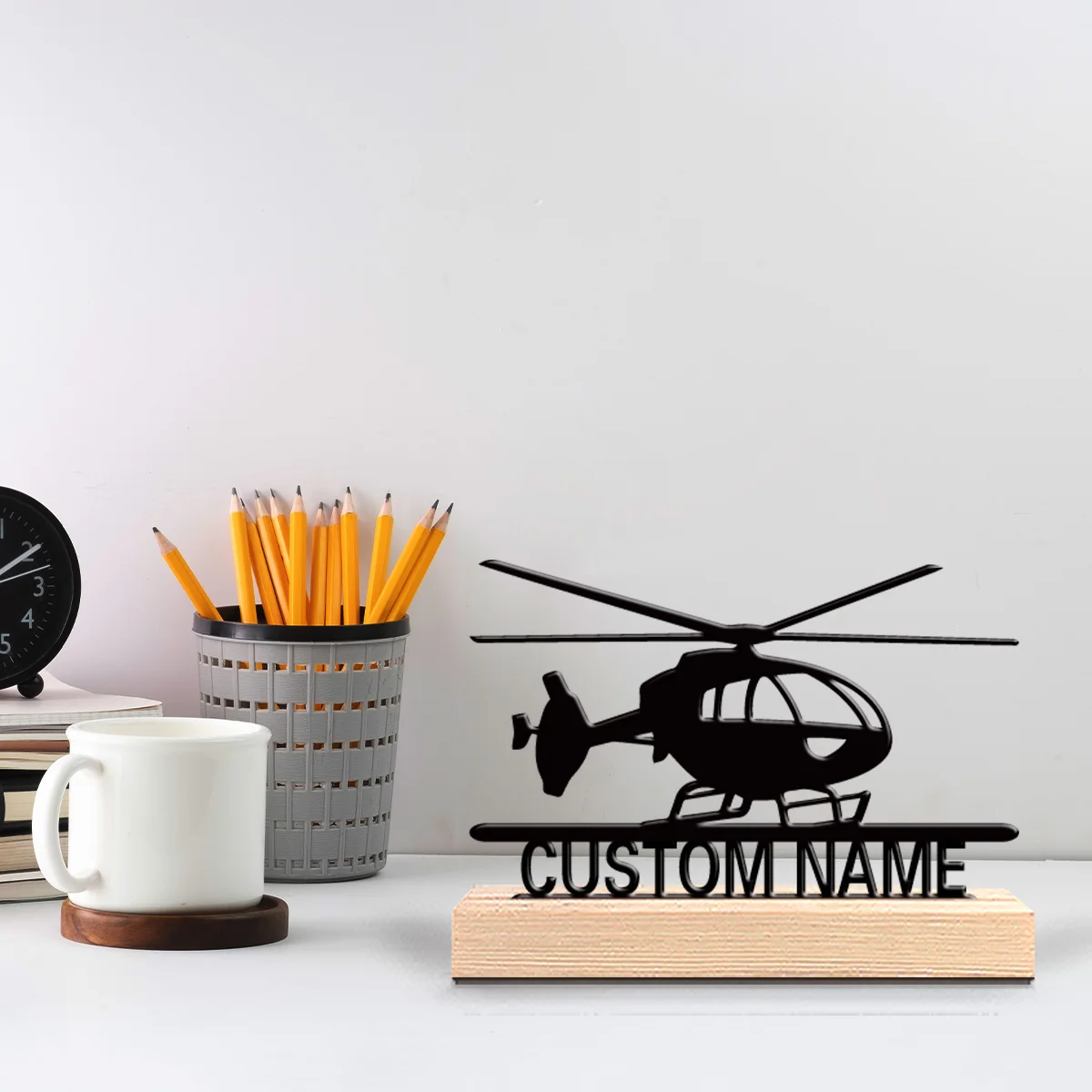 1pc Helicopter Customized Name Metal Statue Iron Ornament Handicraft With Wood Base Metal Statue For Office Room Decor