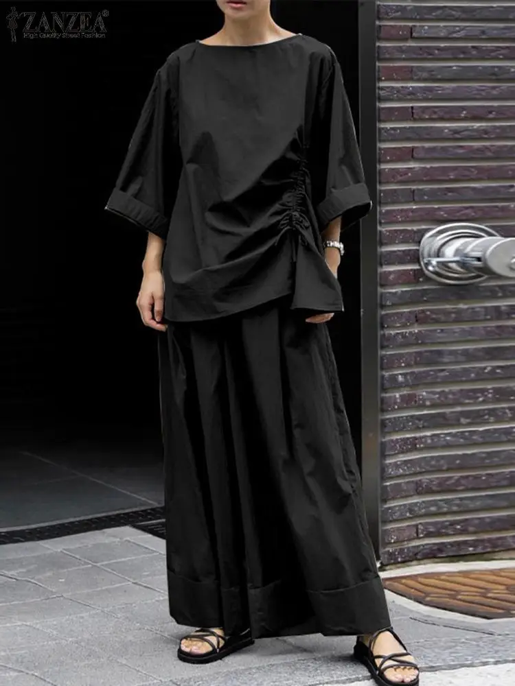 ZANZEA-ropa de calle para mujer, conjuntos de 2 piezas, pantalón liso de pierna ancha, blusa con dobladillo fruncido, trajes de 2 uds, conjuntos de pantalones informales sueltos, otoño 2024
