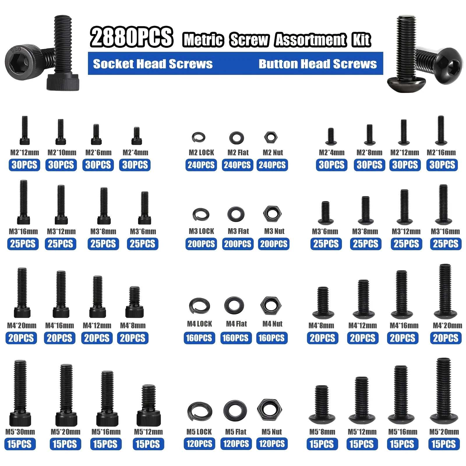 3160-Piece Flange Bolt, Nut, and Screw Set, Grade 12.9/10.9 Carbon Steel Set, Suitable for Home Repairs, Car Maintenance, and DI view 2