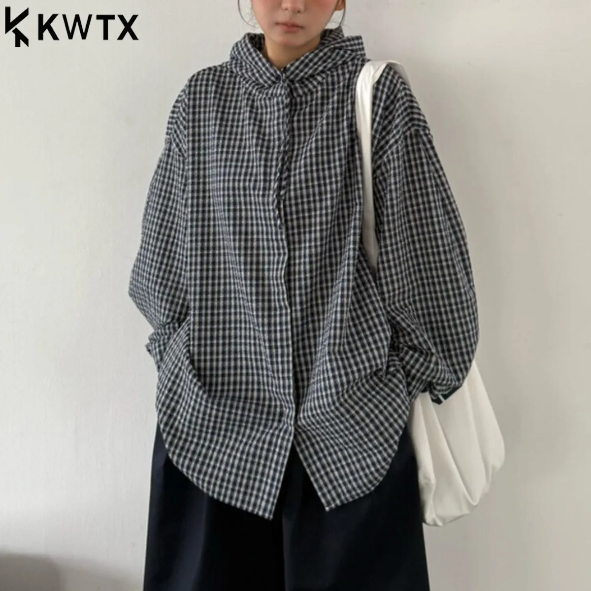 

KWTX Женская свободная клетчатая куртка-рубашка с капюшоном и поясом — повседневное пальто в клетку большого размера, удобная блузка для работы, мода