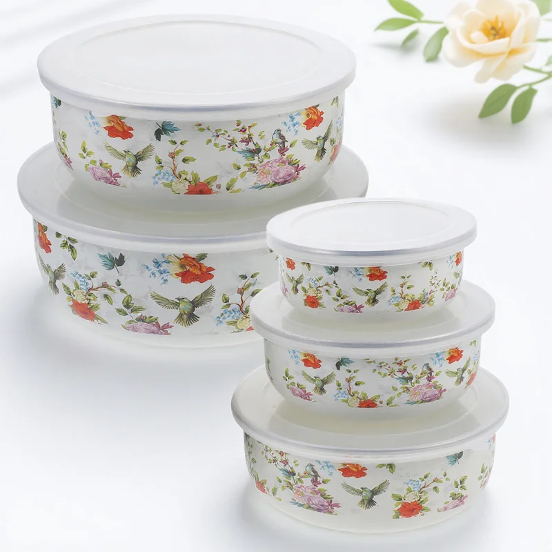 

5Pcs Preservation Bowls Enamel Noodle Bowl Set Stable Material Lid Kitchen Supplies Multipurpose Salad Bowl Food Containers