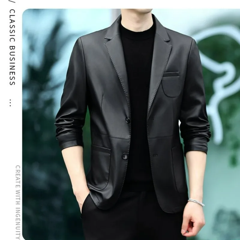 Spring and Autumn New Artificial Leather Coat Men High-End Thin Suit Casual Slim-Fit Jacket Single Broke Solid Color Matte