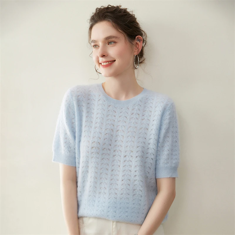 Female Cashmere Knit Top Spring Autumn Hollow Out O Neck Short Sleeve Pullover 100 Cashmere Sweater Jacquard Basic Simple Casual