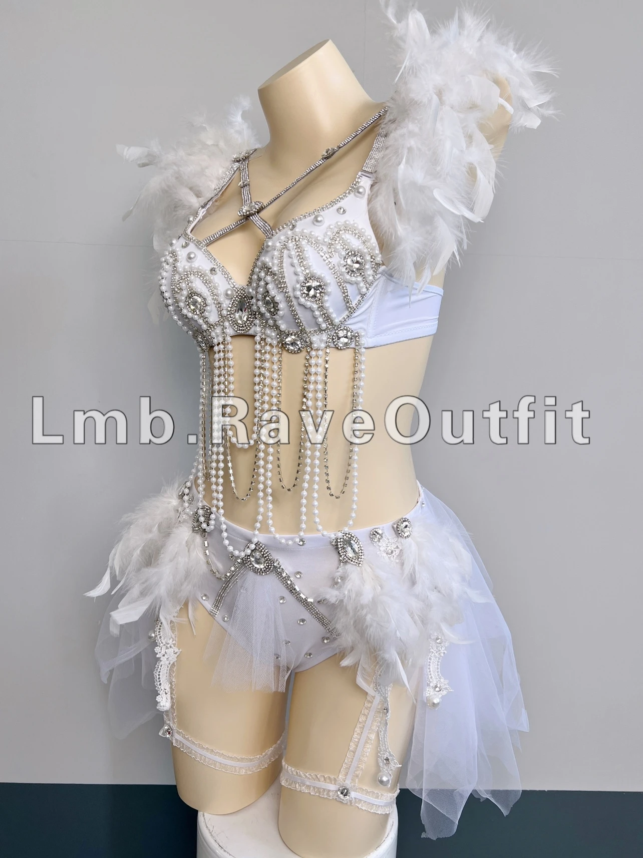 Women DJ Dancer Nightclub Sexy Pole Dance Costume White Feather Beading Bikini Rave Outfit Electric Music Festival Clothing