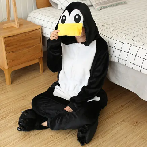 Women Cartoon Onesies Animal Pajamas Kigurumi Black Penguin Onesie For Adults Long Sleeve Pyjamas Halloween Cosplay Costumes
