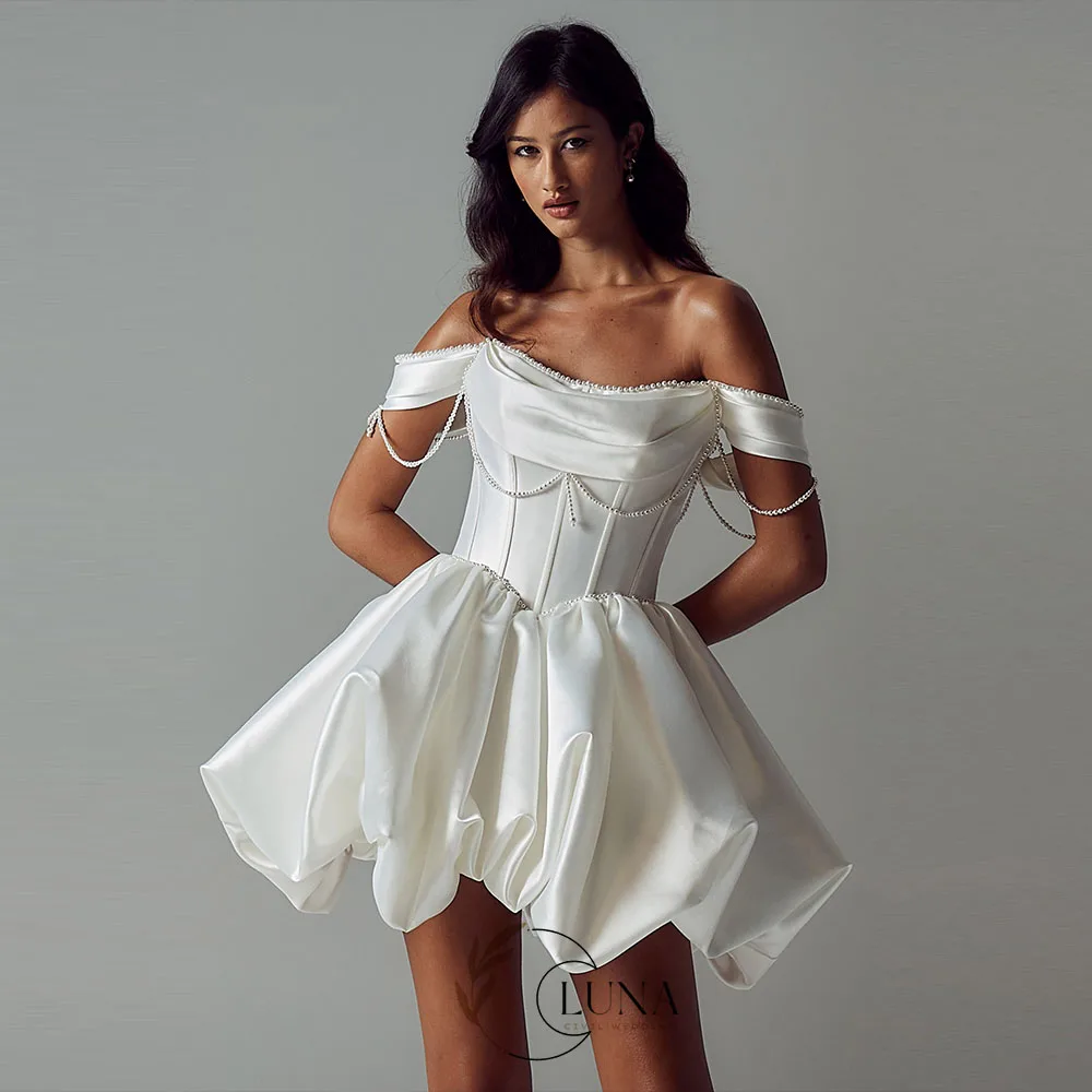Luna Customized Luxury Mini Short Wedding Dresses with Pearls Off the Shoulder Satin Fluffy Bridal Prom Gown 2026 New