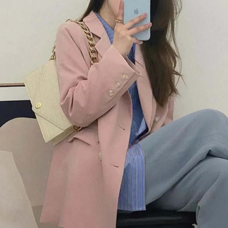 

Pink Blazers for Women Casual Ins New Popular Long Sleeve Notched Sweet Cool College Single Breasted All-match Spring Autumn ins