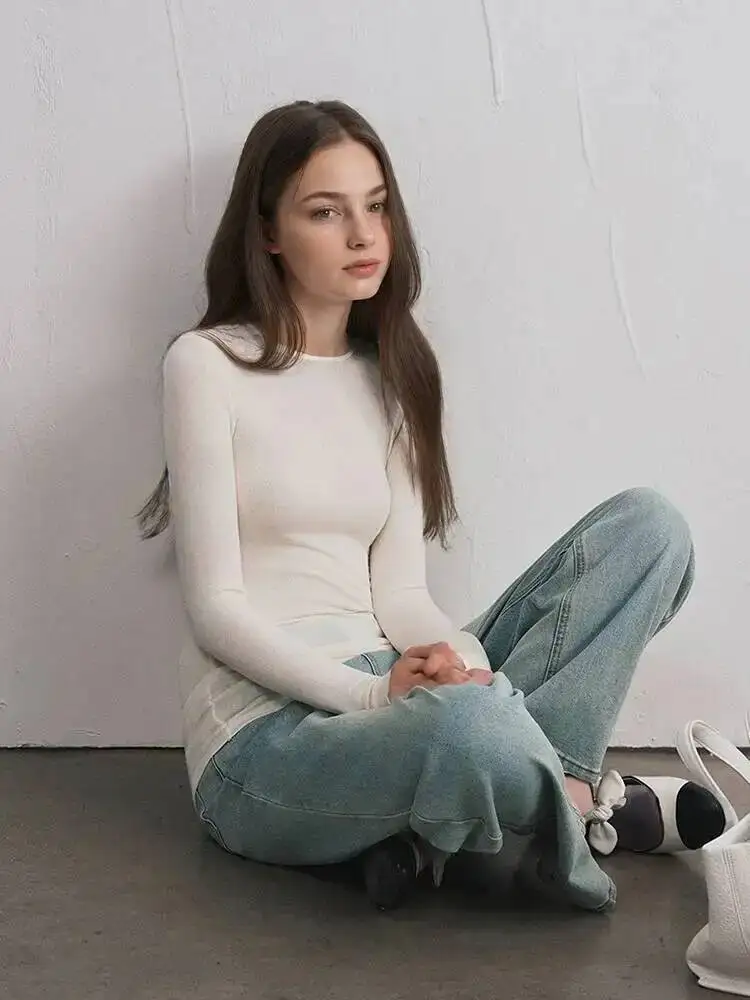 Women Cashmere Blend Long Sleeve Top Autumn Winter Soft Modal Stretch Slim Fit Round Neck Basic Layering Knit T-Shirt view 4