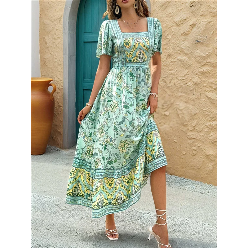 【Party-Decoration】Women's 2025 Summer Short Sleeves Boho Floral Print Tiered Casual Flowy Long Maxi Dress