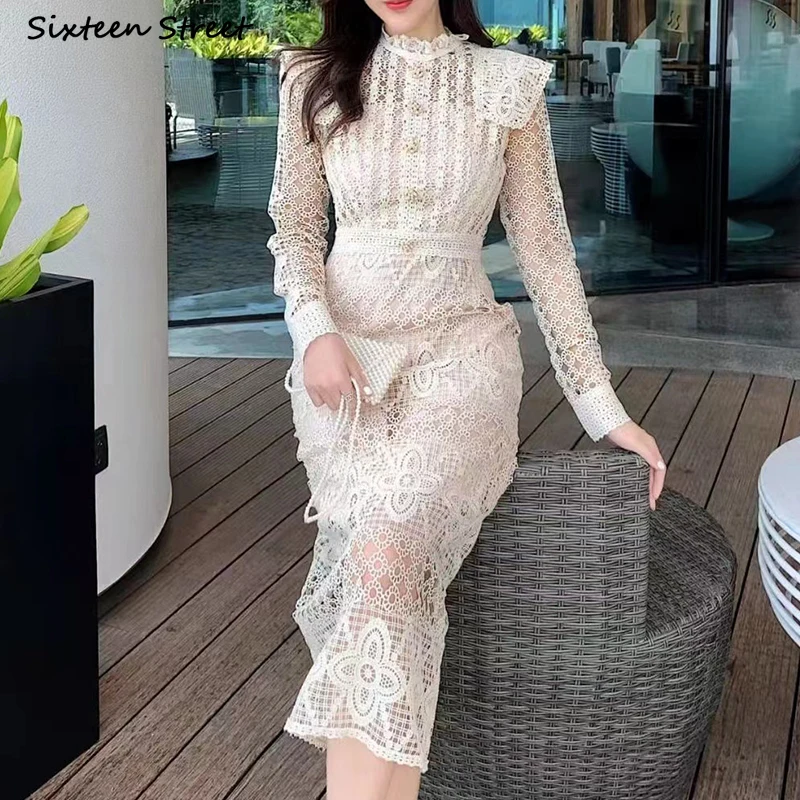 

2023 Runway Apricot Lace Dress Women Long-sleeve Hollow Out Elegant Party Vestido Women Clothing A-line Vintage Bodycon Dresses