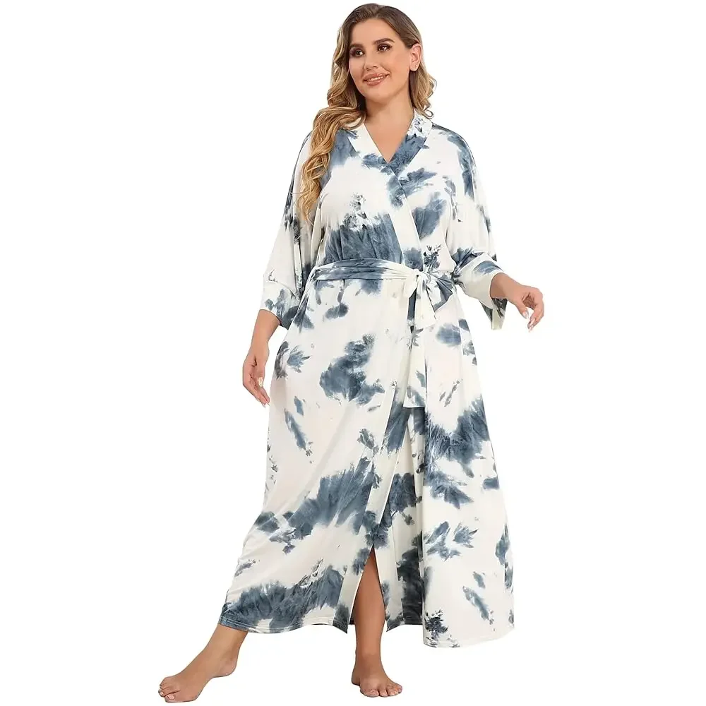 's Plus Size Cotton Kimono Robes Soft Long Knit Bathrobes Lightweight Sleepwear V-Neck Ladies Loungewear