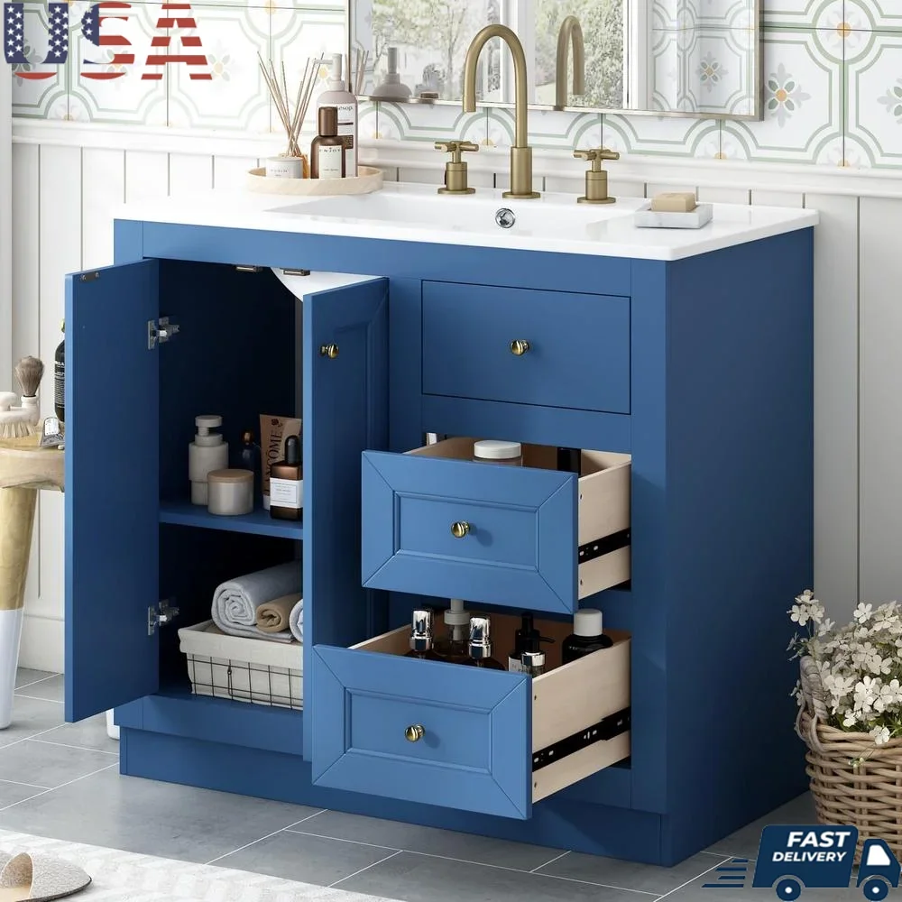 

36 Inch Bathroom Vanity Ceramic Sink Solid Wood Frame Modern Storage Cabinet 2 Drawers Shelf Waterproof Stain Resistant Durable