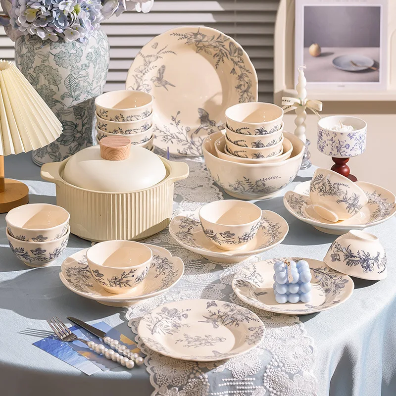 1Set New French Pastoral Style Ceramic Plate Steak Food Plate Bowl Ins Dinner Dish Porcelain Tableware For Family Hotel