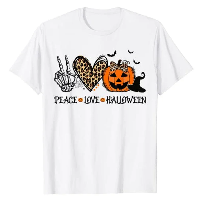 

Peace Love Halloween Happy Halloween-Pumpkin Leopard Heart T-Shirt Sayings Quote Graphic Tee Y2k Top Aesthetic Women Clothing