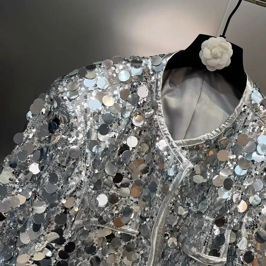 Herfst Winter Lovertjes Glanzende Lange Mouw Party Club Jassen Bovenkleding Vrouwen Danspodium Zilveren Jas