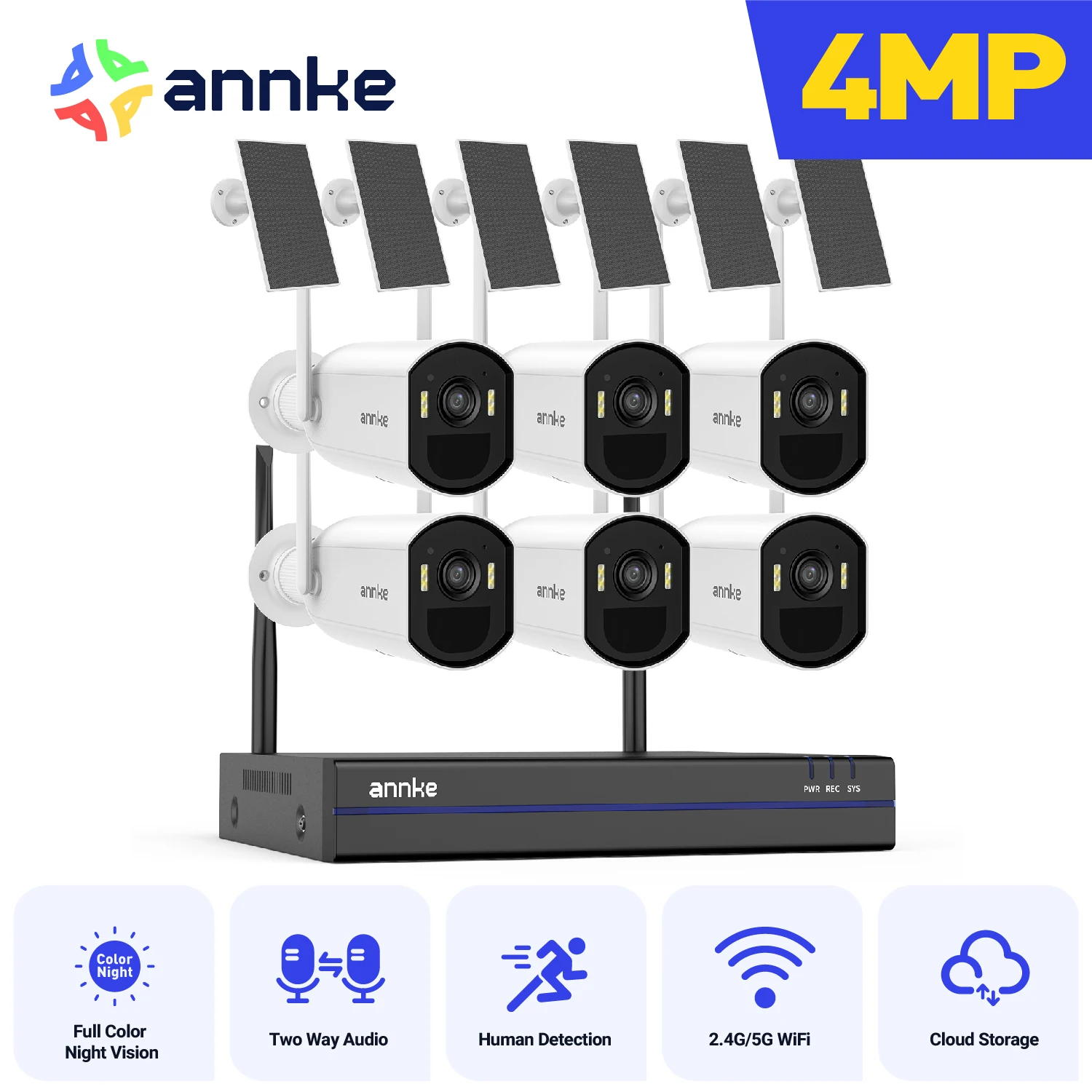 ANNKE 4MP Wireless Solar Camera 16CH NVR 4/6/8/12 PCS WiFi Camera Wireless PIR Night Vision 4MM WiFi Camera Solar Outdoor