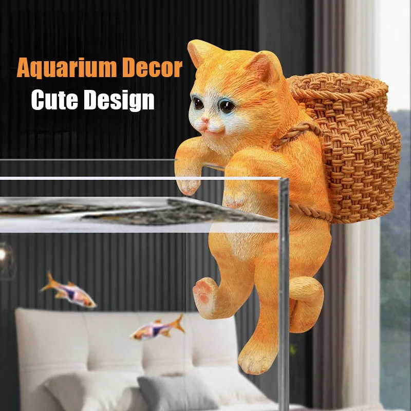 Cute Cat Figurines Fish Tank Hanging Cat with Storage Basket Tools Storage Aquarium Ornaments Decorations Fish Tank Accessories