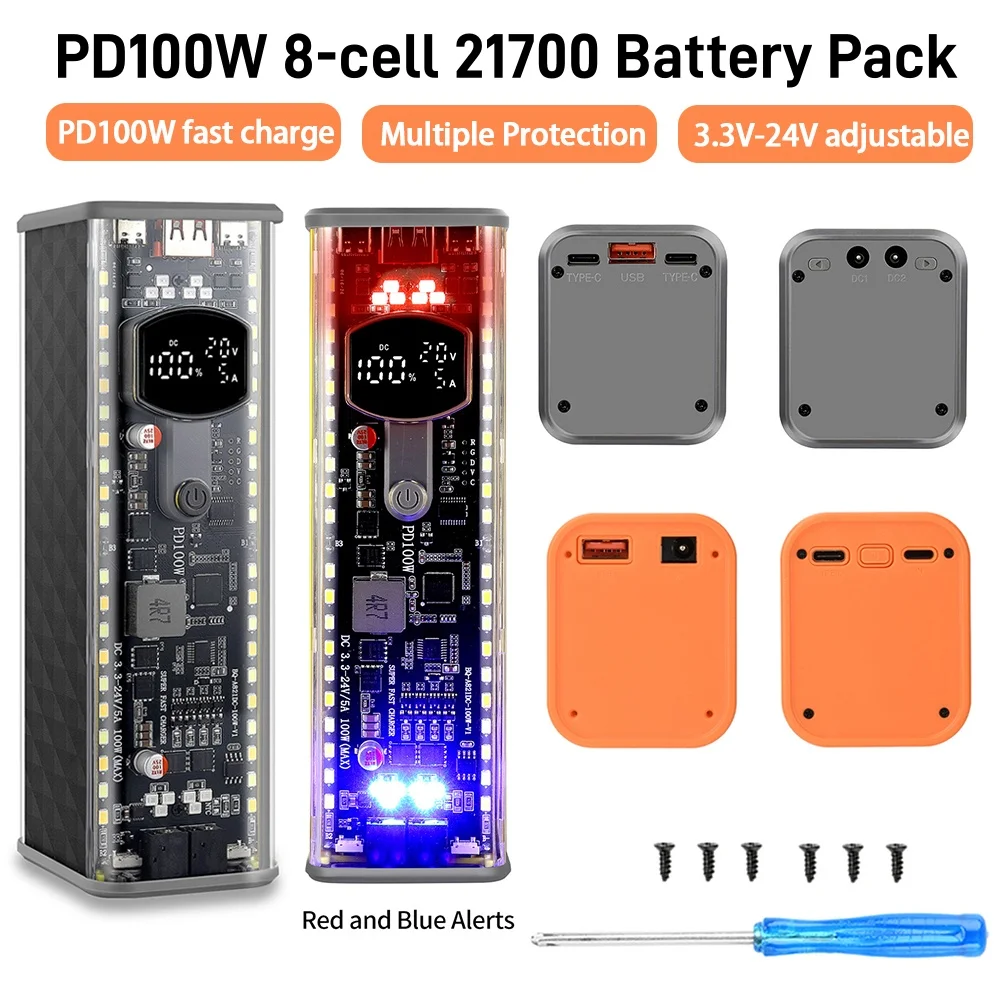 100W PD Fast Charge 21700 Battery Box Transparent Power Bank Case Solder-Free DIY 8-Cell Battery Holder DC Voltage Adjustable