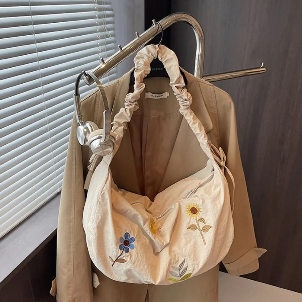 

Нейлоновая сумка для пельменей в корейском стиле, легкая однотонная сумка-тоут с цветочной вышивкой, сумка на шнурке из ткани Оксфорд, сумка на плечо