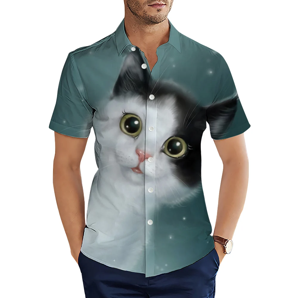 

HX Fashion Men Shirts Cute Animals Cats Black White 3D All Over Printed Casual Shirts for Men Clothing Summer Tops Camisas