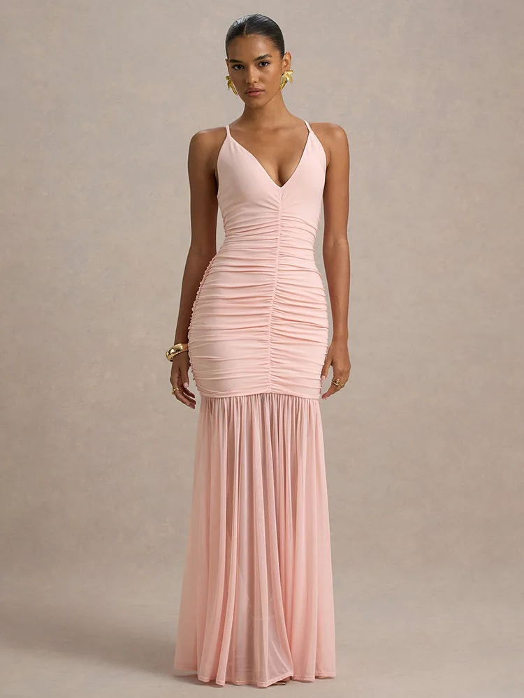 Absobe Sheer Mesh Pleated Spaghetti Strap Maxi Dress Women's Sexy Deep V Neck Backless Slim Bodycon Long Dress Elegant Partywear