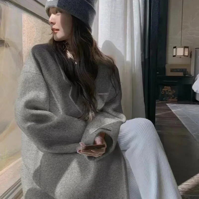 Manteau en cachemire double face pour femme, manteau à double boutonnage, long et solide, vintage, document, mode, hiver, 2025