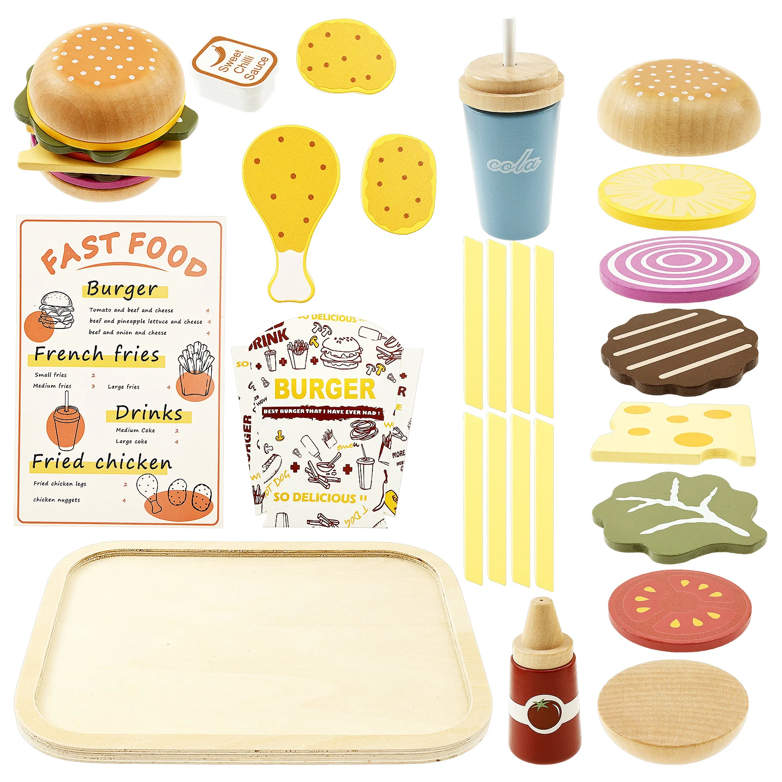 미니어처 음식 나무 패스트푸드 플레이세트 사실적인 햄버거 감자튀김 플레이 음식 세트 트레이 콜라 소스 감자튀김 포함 인형의 집용