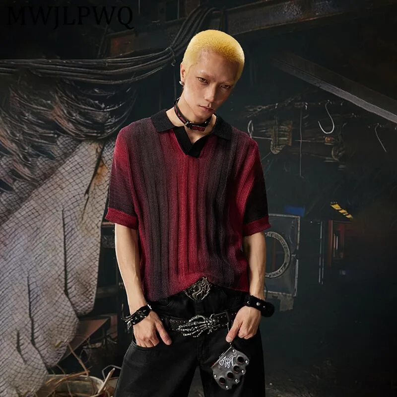 

MWJLPWQ Men's New Gradient Color Jacquard Knit T-Shirt For Men Summer Lapel Short Sleeve Unisex Casual Tops 2026 Trendy 14819