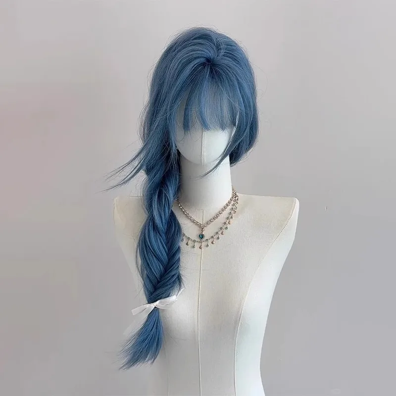 

Long Blue Straight Long Syhthetic Wigs with Bangs for Women Cosplay Christmas Natural Lolita Wig Heat Resistant Hair