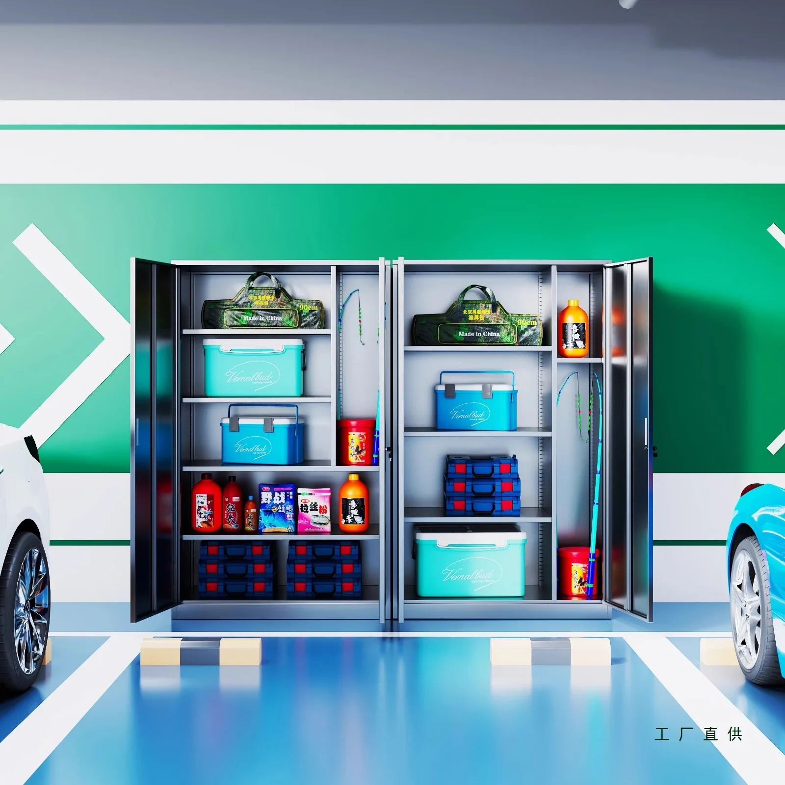 Stainless steel parking space storage cabinets, basement garage utility storage cabinets, fishing tackle storage cabinets