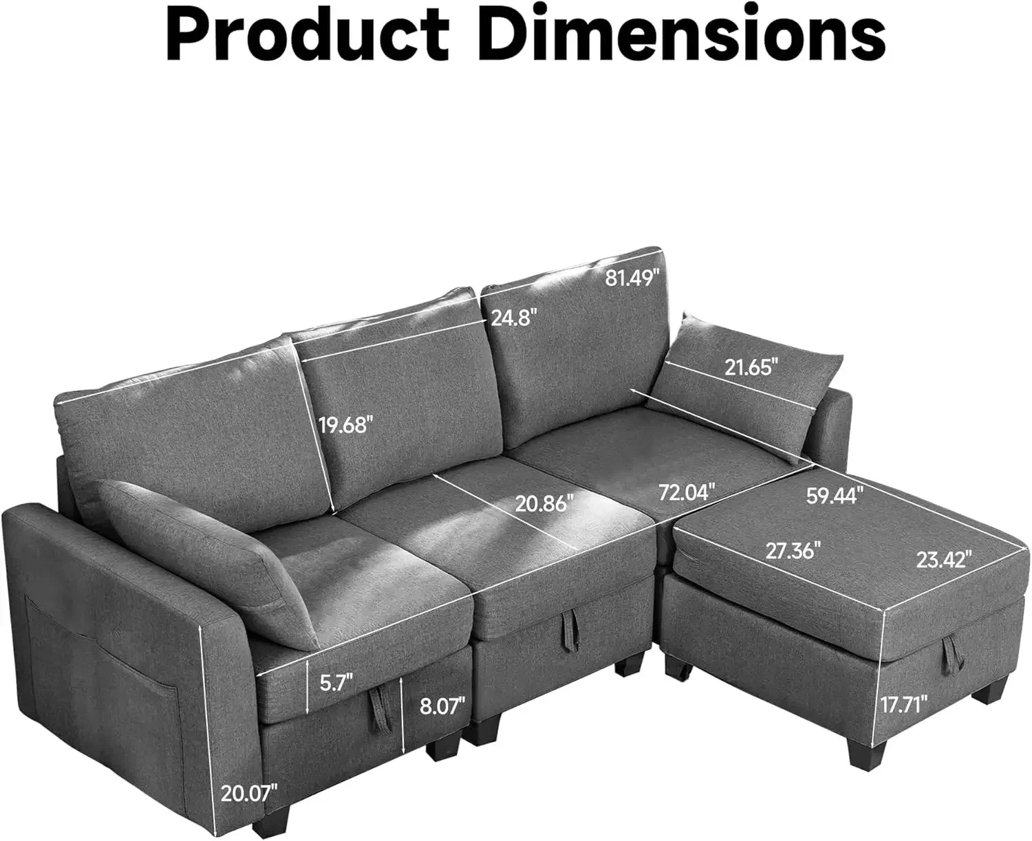 Real Relax 81.5-inch convertible segmented sofa,3-seater L-shaped linen fabric modular sofa with detachable pillows and mobility