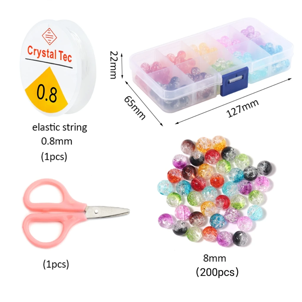 200pcs Color Acrylic Crackle Crystal Beads Set for  DIY Bracelet Necklace Jewelry Making Supplies Round Glass Beads 10 Grids Kit