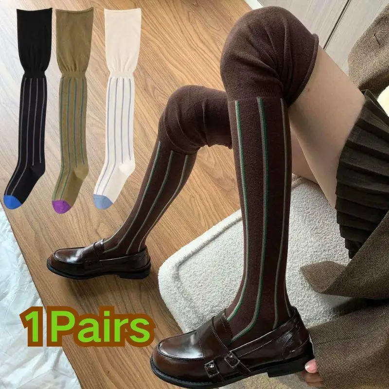 

Ins Autumn/Winter Women's Socks With Thigh High Socks Vertical Stripes Loose Mouth Fashionable Pure Cotton Knee Length Stockings