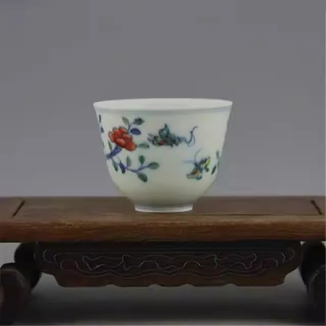 Chinese Blue and White Doucai Porcelain Teacup Cup Ming Chenghua Flowers 2.5