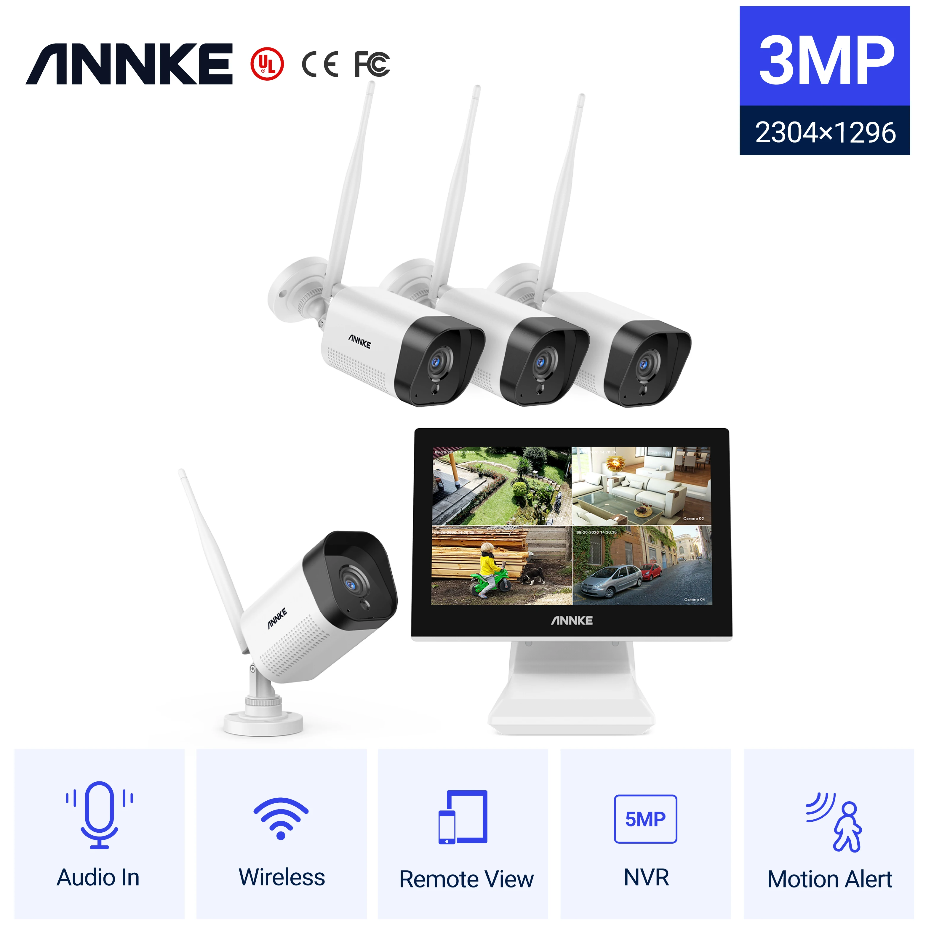 ANNKE WL400 3MP Super HD Wireless Security Camera System With 10.1’’ LCD Monitor AI Human Detection Built-in Mic WIFI Camera