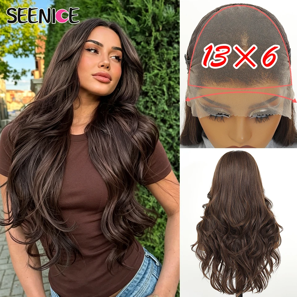 Layered Curl 13x6 Synthetic Lace Frontal Wigs For Women 24 Inches Long Wavy Ombre Copper Brown Lace Wig With Bangs Cosplay Wigs
