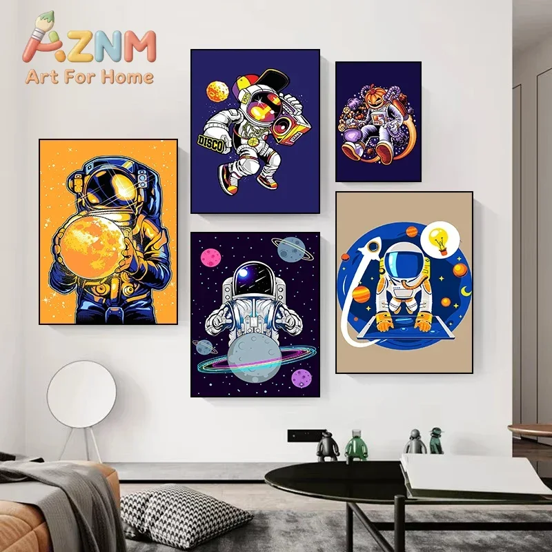 AZNM Frameless Canvas Wall Art Colorful Astronaut Space Planet Graffiti Style Print Modern Home Bedroom Wall Art Decor Poster